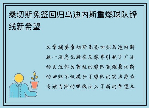 桑切斯免签回归乌迪内斯重燃球队锋线新希望